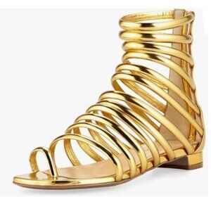 YDN Gold Gladiator Sandals Square Open Toe Zippers Strappy Chunky Low Heels Shoe